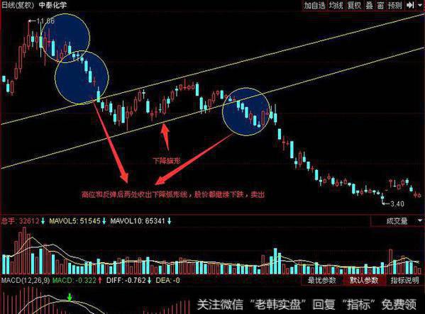 个股急跌过程，低位区域的买盘统统被吃掉，同样形成一个密集股价成交区，把这些高低点位连接起来就会形成一个平行四边形，形态看就是一个旗帜，这就是下降旗形